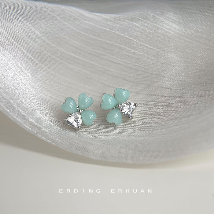 Mint Green Four-Leaf Flower Stud Earrings Clear CZ