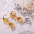 Ribbed Stripe C-Shape Hoop Earrings Gold Steel Pair view 4