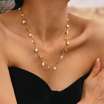 Gold Shell Charm Freshwater Pearl Stainless Steel Necklace