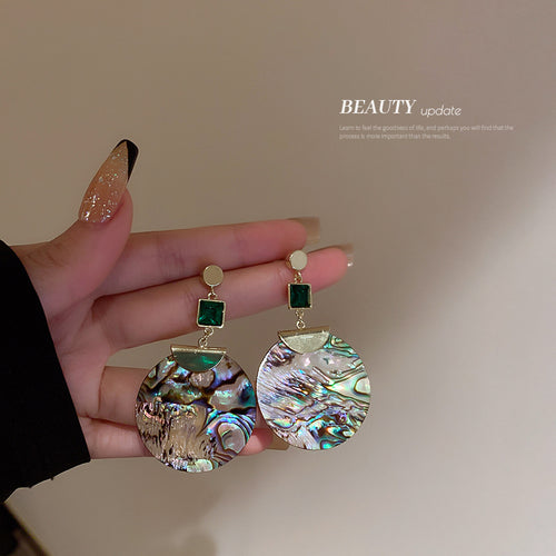 Green Square Stone Shell Pattern Disc Statement earrings in a styled product view