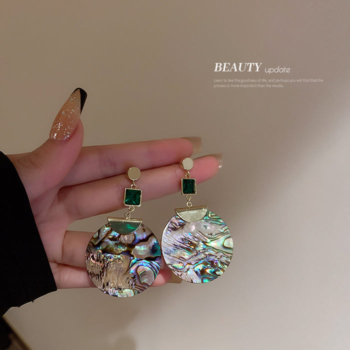 Green Square Stone Shell Pattern Disc Statement Earrings