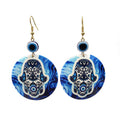 Gold Tone Round Printed Hamsa and Evil Eye Hook Earrings in Ten Designs view 12