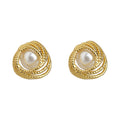 Gold Twisted Rope Frame Stud Earrings White Pearl Center view 5