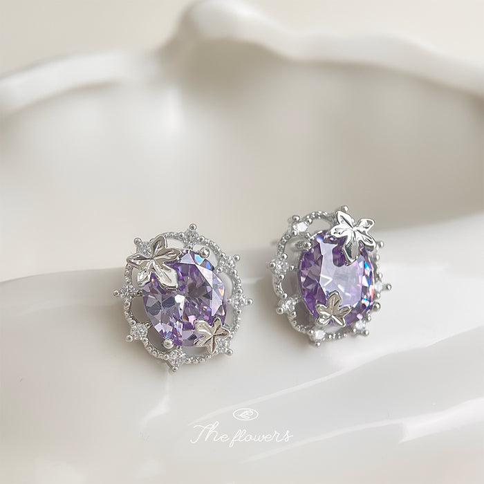 Silver Tone Pale Purple Oval Stone Floral Halo Stud Earrings
