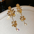 Gold Floral Crystal Cascade Stud Earrings Statement Pair view 6