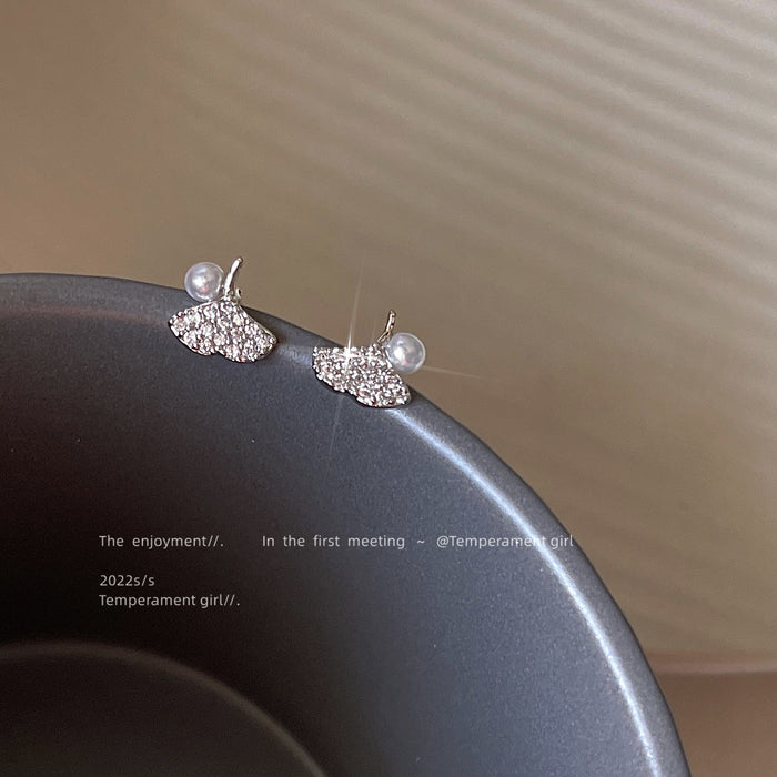 Silver Ginkgo Leaf Stud Earrings Crystal Pave Pearl Accent