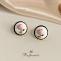 Round Disc Pink Enamel Rose Green Leaf Black Rim Stud Earrings view 4