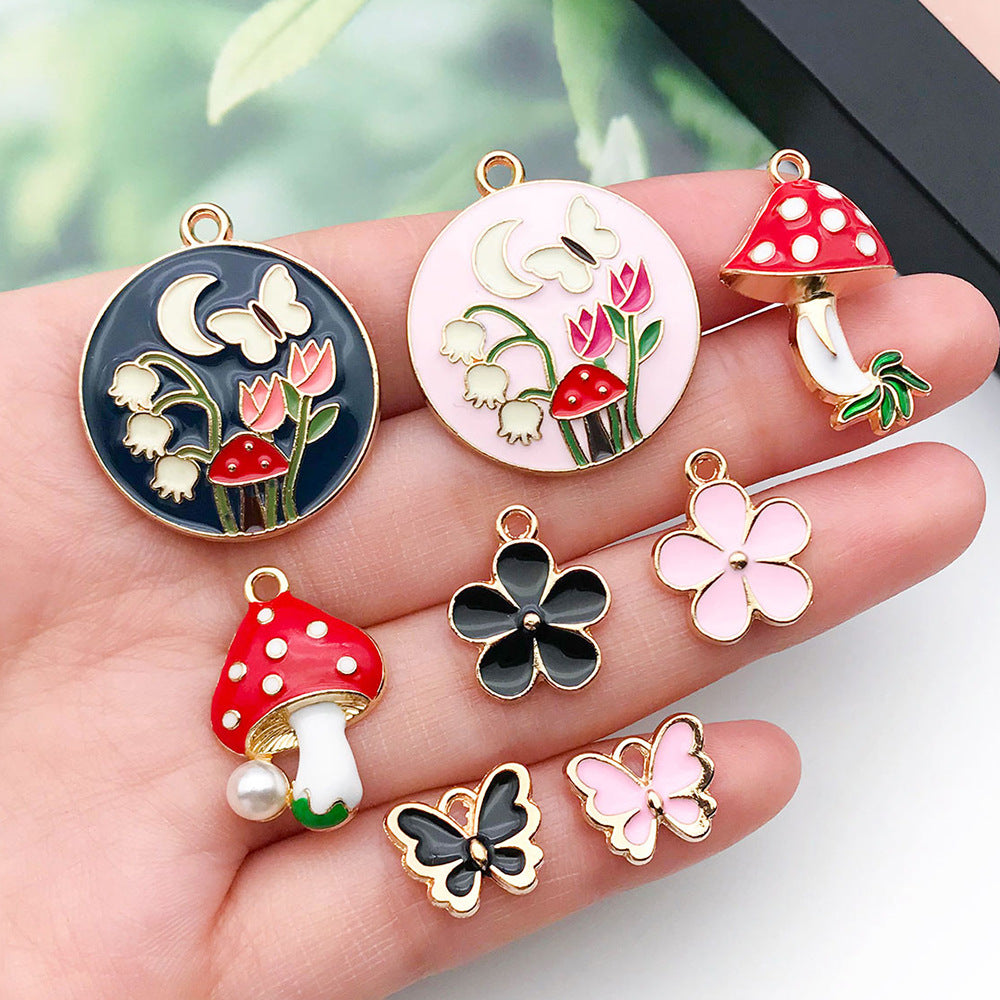 Enamel Zinc Alloy Red Pearl Mushroom Flower Butterfly Charm Pendant for DIY Earring Keychain