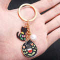 Black Cat Flower and Pearl Enamel Charm Keychain with Round Ring view 3