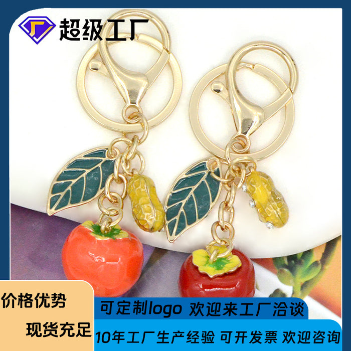 Persimmon Enamel Keychain Gold Tone Lucky Fruit Bag Charm