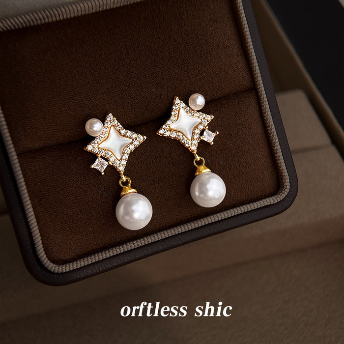 Gold Tone Clear Stone Open Star And White Pearl Drop Stud Earrings