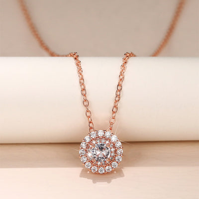 Rose Gold Tone Round Halo Pendant Necklace Polished Metal Jewelry front product view