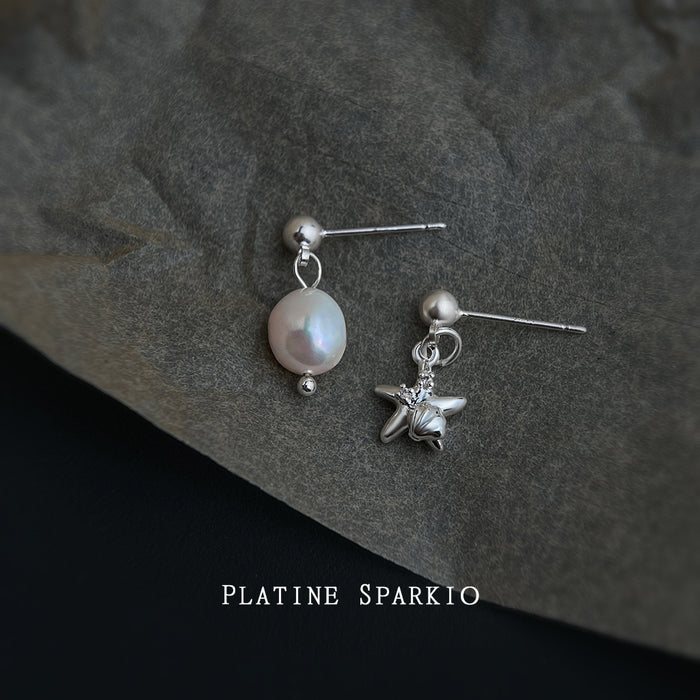 Silver Tone Starfish And Irregular White Pearl Asymmetric Earrings