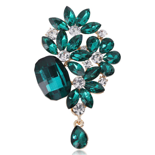 Emerald green crystal leaf cluster brooch with teardrop pendant