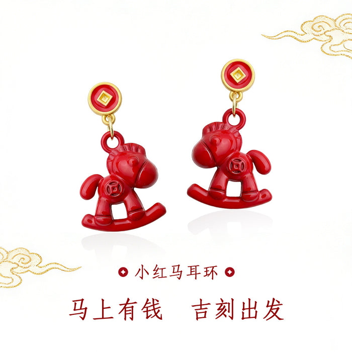Red Rocking Horse Coin Stud Drop Earrings Pair Style