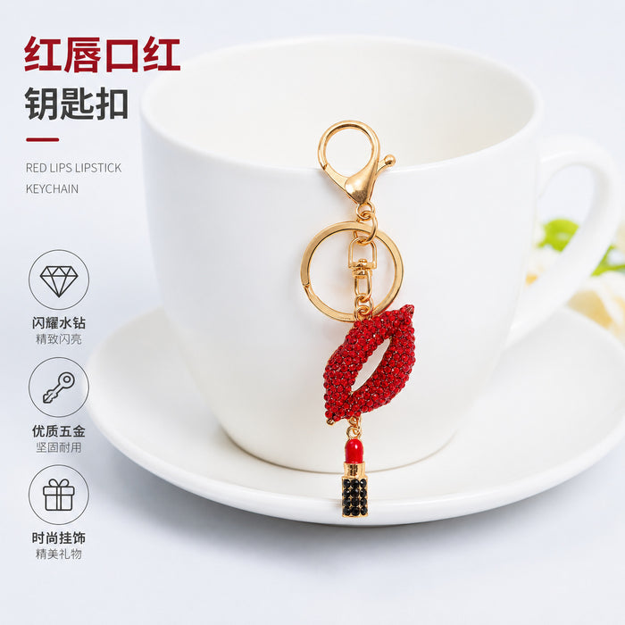 Red Rhinestone Lips Lipstick Keychain Gold Metal Bag Charm