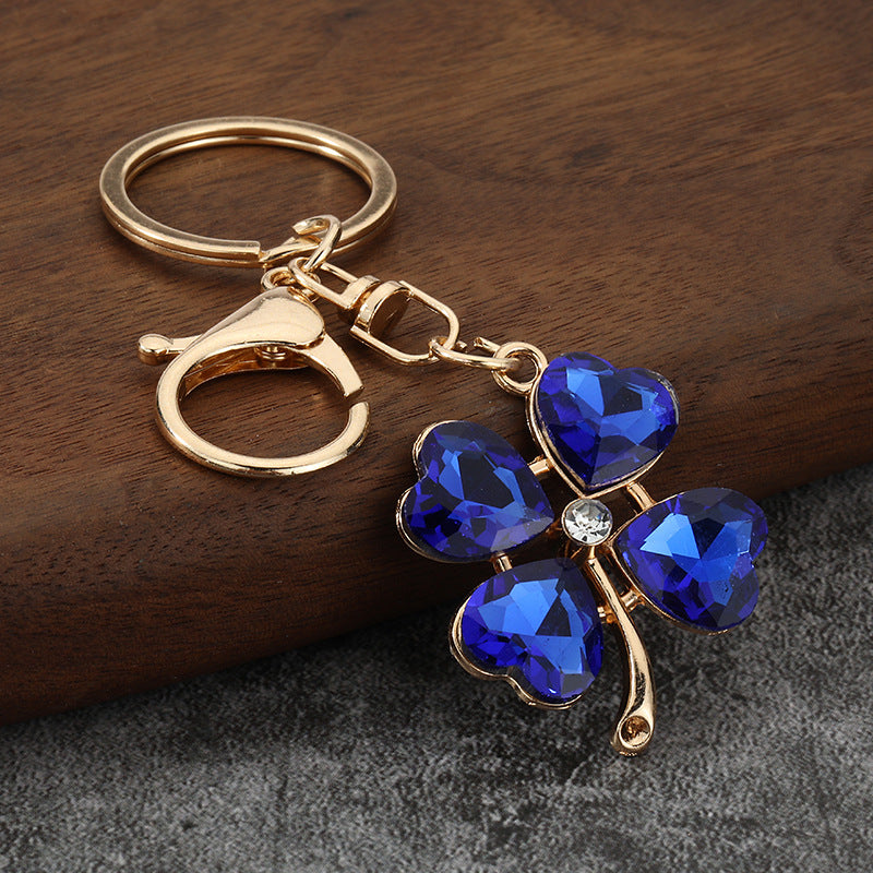 Rhinestone Four Leaf Clover Keychain with Colorful Cat Eye Stone Charm