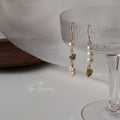 Gold Tone Green Stone And White Pearl Asymmetric Hook Earrings view 2
