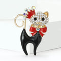 Black Enamel Cat Brooch Rhinestone Face Red Crown Bow view 2