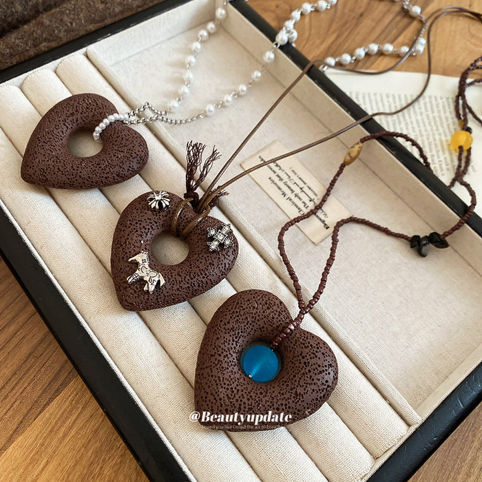Brown Beaded Heart Necklaces with Blue and White Centers