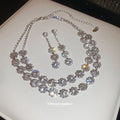 Silver Double Layer Rhinestone Flower Necklace Earrings Set view 3