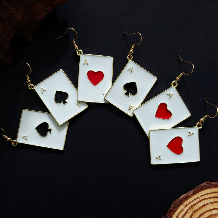 Gold Tone Enamel Playing Card Hook Earrings in Three Designs