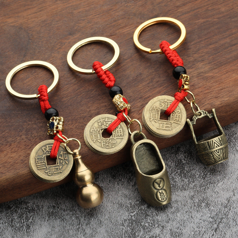 Brass-Tone Five Emperors Coins Gourd Zinc Alloy Keychain
