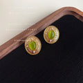 Gold Oval Green Cats-Eye Cabochon Pearl Stud Earrings view 4