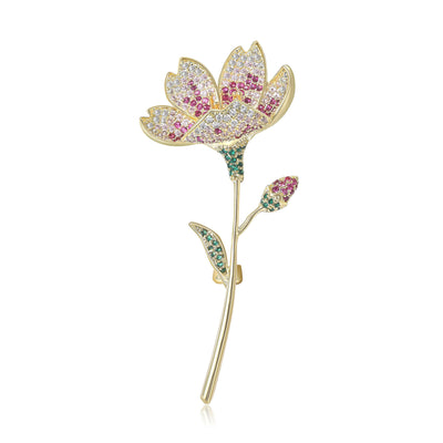 Front view of long Stem Lotus Crystal Brooch in Pink or Champagne against a white background.