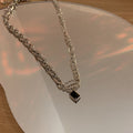 Silver Mixed Link Chain Necklace Black Square Pendant view 6