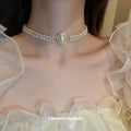 Double Strand Pearl Choker Oval Pearl Crystal Halo Center view 1