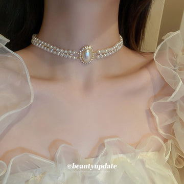 Double Strand Pearl Choker Oval Pearl Crystal Halo Center