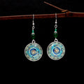 Blue Round Mandala Medallion Green Bead Hook Earrings view 4