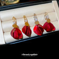 Red Petal Drop Earrings With Gold Tone Hooks For Distinctive Statement Styling view 4