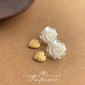White Camellia Flower Stud Gold Heart Drop Earrings view 4