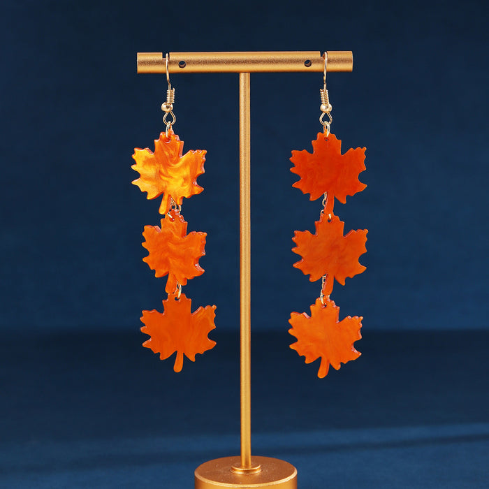 Orange Triple Maple Leaf Long Dangle Hook Earrings