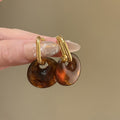 Amber Brown Round Disc Drop Hoop Earrings Matching Jewelry Pair view 1