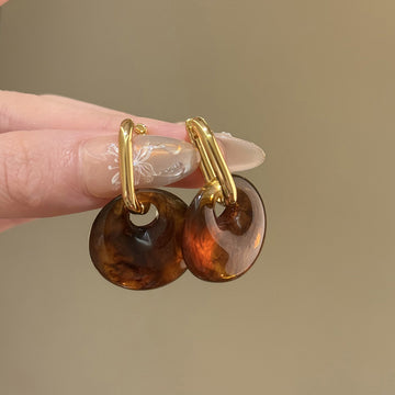 Amber Brown Round Disc Drop Hoop Earrings Matching Jewelry Pair