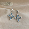 Silver Ball Stud Blue Denim Cross Crystal Drop Earrings view 4