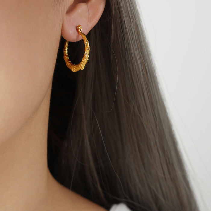 Bamboo Joint Hoop Earrings Gold and Steel Two Size Styles