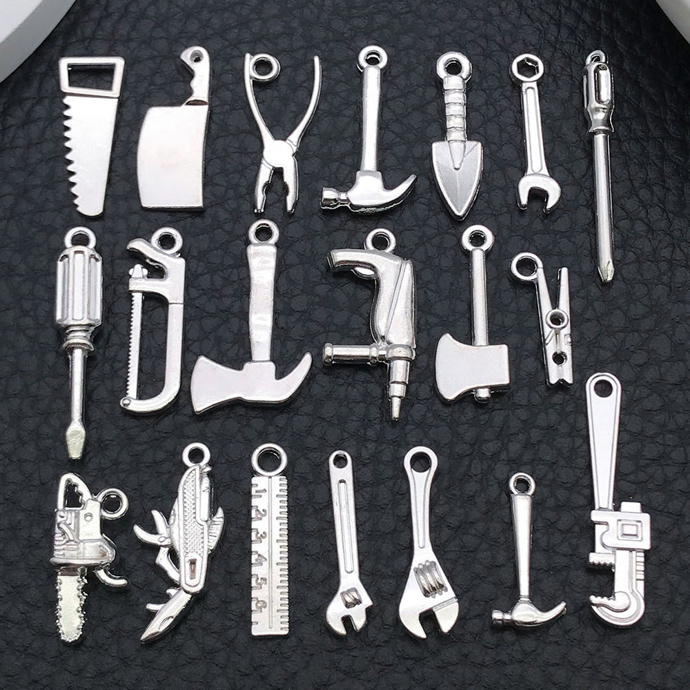Bright Silver Zinc Alloy Hammer Saw Ruler Tool Charm Pendant for DIY Keychain Jewelry