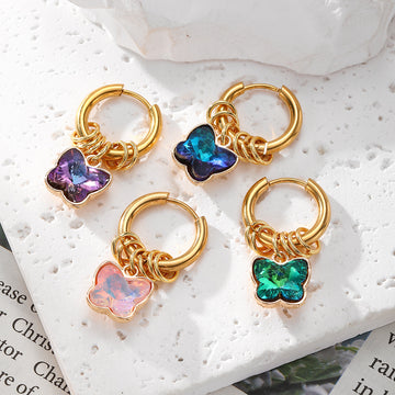 Gold Tone Faceted Crystal Butterfly Multi Ring Hoop Earrings