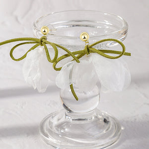 Olive-Green Cord Bow Stud Earrings with White Sheer Petal Drops