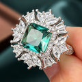 Oversized Green Square Stone Floral Cluster Ring In Silver Tone view 2
