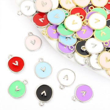 Round Enamel Heart Charms in Gold and Silver Tones, Seven Colors