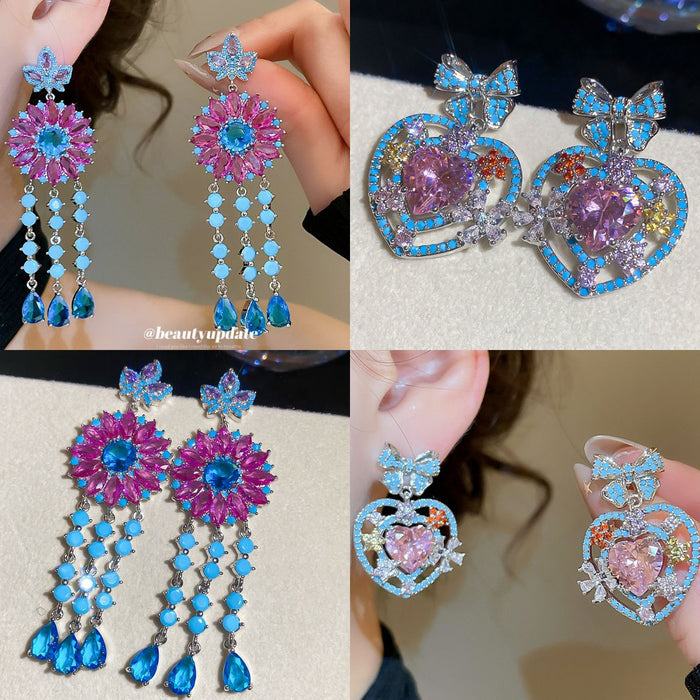 Blue and Pink Floral Statement Earrings in Two Designs