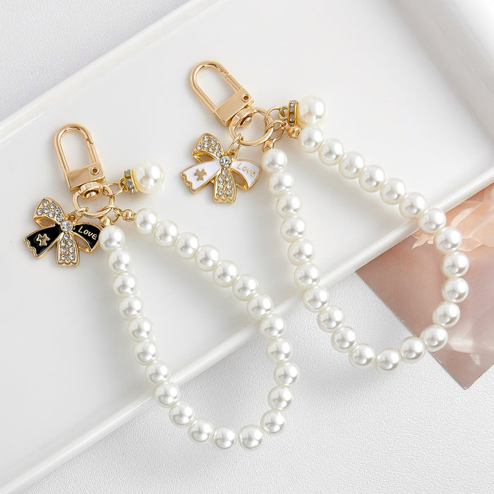 Faux Pearl Beaded Chain Bag Charm Keychain with Rhinestone Bow