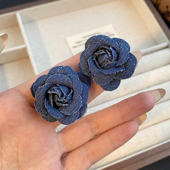 Blue Fabric Rose and Pearl Look Drop Stud Earrings
