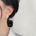 White Enamel Iris Flower Stud Earrings Gold CZ Leaf view 2