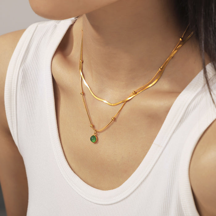 Gold Herringbone Chain And Green Glass Stone Pendant Necklaces